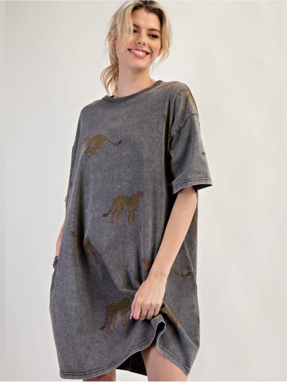 Vintage Wash Grey Leopard Print Oversized Women's Top